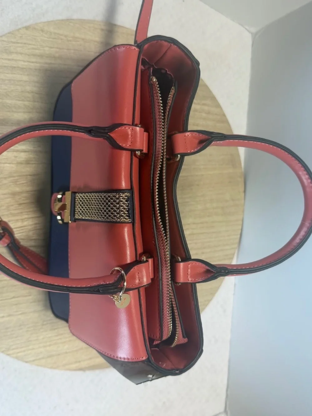 Nicole Lee USA Colorblock Satchel Handbag Navy Coral Pink Vegan Leather